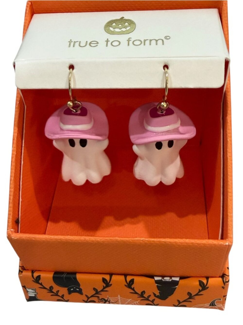 True To Form Ghost Pink Cowboy Cowgirl Hat Halloween Dangle Drop Earrings NIB